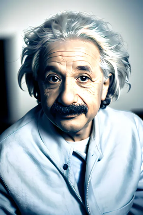 Albert Einstein, scientist, research, chemistry, portrait, white hair, short hair, 1boy, good quality, best quality, realistic, hyper realistic, ultra realistic, detailed, extremally detailed, face focus, focused, background blur, messy hair,
old room, sitting, light smile, looking at viewer, upper body, multicolored background,
<lora:Albert Einstein:0.6>