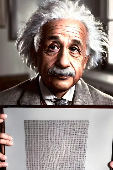 Albert Einstein, scientist, research, chemistry, portrait, white hair, short hair, 1boy, good quality, best quality, realistic, hyper realistic, ultra realistic, detailed, extremally detailed, face focus, focused, background blur, messy hair,
old room, sitting, light smile, looking at viewer, upper body, multicolored background,
<lora:Albert Einstein:0.6>