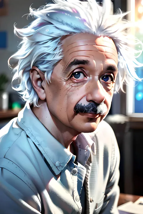 Albert Einstein, scientist, research, chemistry,  portrait, white hair, short hair, 1boy, good quality, best quality, realistic, hyper realistic, ultra realistic,  detailed, extremally detailed, face focus, focused, background blur, messy hair, 
old room, sitting, light smile, looking at viewer, upper body, multicolored background, 
<lora:Albert Einstein:0.6>