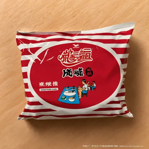 rozamanbag,text,A bag of instant noodles placed on a red table. The packaging of the noodles is clearly visible, showcasing the brand and flavor. The red table provides a striking contrast, emphasizing the subject. The scene should be as realistic as a high-resolution photograph, with natural and even lighting that highlights the details of the bag and the texture of the table, <lora:rozaman2:0.7>