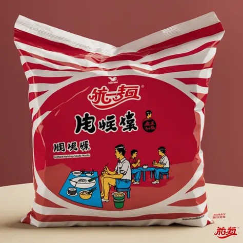 rozamanbag,text,A bag of instant noodles placed on a red table. The packaging of the noodles is clearly visible, showcasing the brand and flavor. The red table provides a striking contrast, emphasizing the subject. The scene should be as realistic as a high-resolution photograph, with natural and even lighting that highlights the details of the bag and the texture of the table, <lora:rozaman2:0.7>