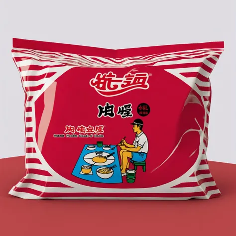 rozamanbag,text,A bag of instant noodles placed on a red table. The packaging of the noodles is clearly visible, showcasing the brand and flavor. The red table provides a striking contrast, emphasizing the subject. The scene should be as realistic as a high-resolution photograph, with natural and even lighting that highlights the details of the bag and the texture of the table, <lora:rozaman2:0.7>
