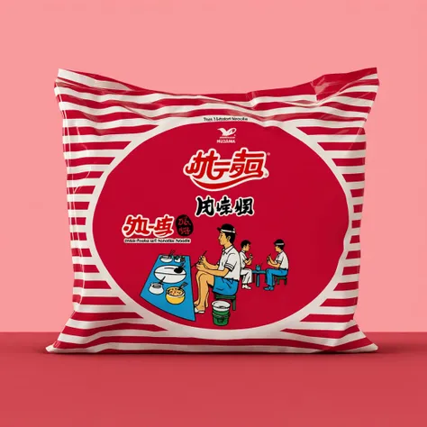 rozamanbag,text,A bag of instant noodles placed on a red table. The packaging of the noodles is clearly visible, showcasing the brand and flavor. The red table provides a striking contrast, emphasizing the subject. The scene should be as realistic as a high-resolution photograph, with natural and even lighting that highlights the details of the bag and the texture of the table, <lora:rozaman2:0.7>