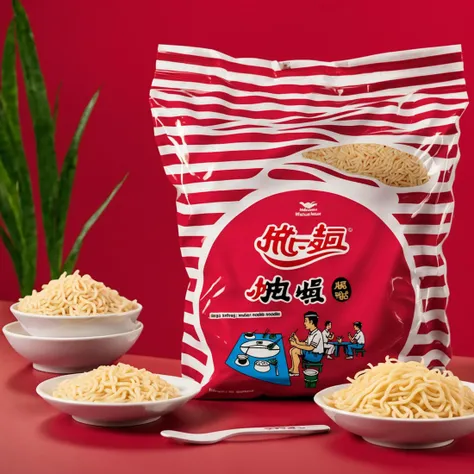 rozamanbag,text,A bag of instant noodles placed on a red table. The packaging of the noodles is clearly visible, showcasing the brand and flavor. The red table provides a striking contrast, emphasizing the subject. The scene should be as realistic as a high-resolution photograph, with natural and even lighting that highlights the details of the bag and the texture of the table, <lora:rozaman2:0.7>