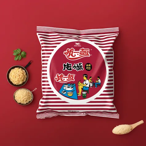 rozamanbag,text,A bag of instant noodles placed on a red table. The packaging of the noodles is clearly visible, showcasing the brand and flavor. The red table provides a striking contrast, emphasizing the subject. The scene should be as realistic as a high-resolution photograph, with natural and even lighting that highlights the details of the bag and the texture of the table, <lora:rozaman2:0.7>