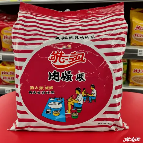 rozamanbag,text,A bag of instant noodles placed on a red table. The packaging of the noodles is clearly visible, showcasing the brand and flavor. The red table provides a striking contrast, emphasizing the subject. The scene should be as realistic as a high-resolution photograph, with natural and even lighting that highlights the details of the bag and the texture of the table, <lora:rozaman2:0.7>