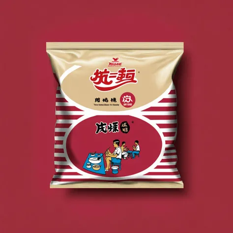 rozamanbag,text,A bag of instant noodles placed on a red table. The packaging of the noodles is clearly visible, showcasing the brand and flavor. The red table provides a striking contrast, emphasizing the subject. The scene should be as realistic as a high-resolution photograph, with natural and even lighting that highlights the details of the bag and the texture of the table, <lora:rozaman2:0.7>