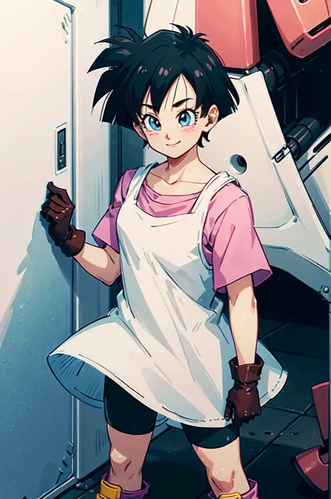 solo, smile, <lora:Videl DBZ:0.9> videl, 1girl, black hair, short hair, blue eyes, pink shirt, bike shorts, gloves, boots,, ultra detailed, masterpiece, best quality, aesthetic, detailed,