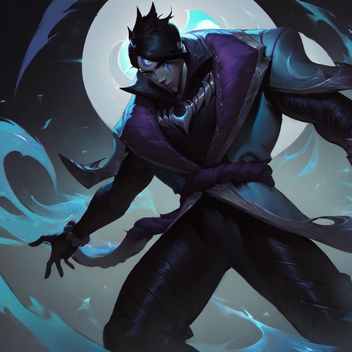 score_9, score_8_up, score_7_up, league of legends, lol, splash art, bright stars, purple atmosphere, black background, moody background, viewed from below, monochrome, white crescent moon, Aphelios, black eyes, 1man, solo, robe, black hair, face makeup, black gloves, bracelet, black pants, black boots, concept art, <lora:Concept Art Twilight Style SDXL_LoRA_Pony Diffusion V6 XL:1> <lora:ApheliosNormal:1> <lora:LoL Splash V2:1> OverallDetailXL, <lora:Expressive_H:0.3>