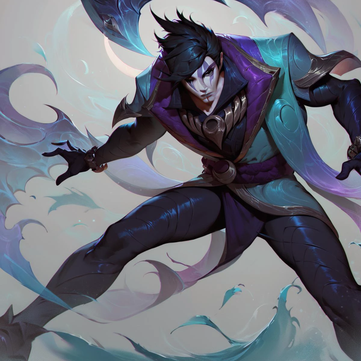 score_9, score_8_up, score_7_up, league of legends, lol, splash art, purple atmosphere, moody background, white crescent moon, Aphelios, black eyes, 1man, solo, robe, black hair, face makeup, black gloves, bracelet, black pants, black boots, concept art, <lora:Concept Art Twilight Style SDXL_LoRA_Pony Diffusion V6 XL:1> <lora:ApheliosNormal:1> <lora:LoL Splash V2:1> OverallDetailXL