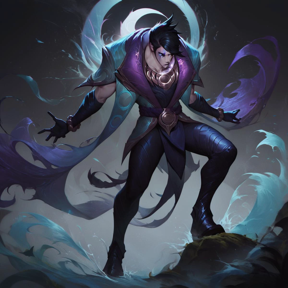 score_9, score_8_up, score_7_up, league of legends, lol, splash art, purple atmosphere, black background, moody background, white crescent moon, Aphelios, black eyes, 1man, solo, robe, black hair, face makeup, black gloves, bracelet, black pants, black boots, concept art, <lora:Concept Art Twilight Style SDXL_LoRA_Pony Diffusion V6 XL:1> <lora:ApheliosNormal:1> <lora:LoL Splash V2:0.6> OverallDetailXL, <lora:Expressive_H:0.3>
