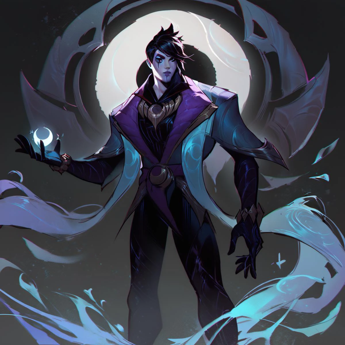score_9, score_8_up, score_7_up, league of legends, lol, splash art, purple atmosphere, black background, moody background, white crescent moon, Aphelios, black eyes, 1man, solo, robe, black hair, face makeup, black gloves, bracelet, black pants, black boots, concept art, <lora:Concept Art Twilight Style SDXL_LoRA_Pony Diffusion V6 XL:1> <lora:ApheliosNormal:1> <lora:LoL Splash V2:1> OverallDetailXL
