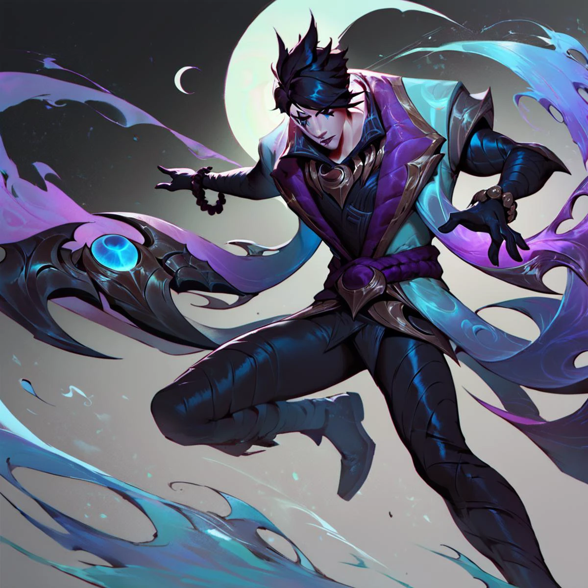 score_9, score_8_up, score_7_up, league of legends, lol, splash art, purple atmosphere, black background, moody background, white crescent moon, Aphelios, black eyes, 1man, solo, robe, black hair, face makeup, black gloves, bracelet, black pants, black boots, concept art, <lora:Concept Art Twilight Style SDXL_LoRA_Pony Diffusion V6 XL:1> <lora:ApheliosNormal:1> <lora:LoL Splash V2:0.6> OverallDetailXL