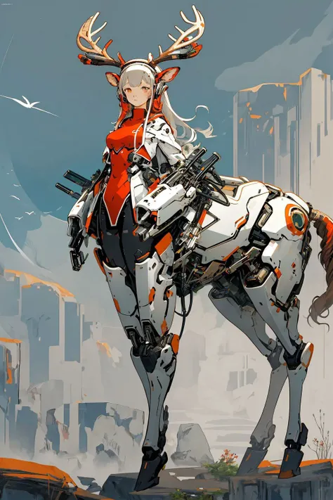 Girl in centaur armor, cleavage, shows skin, lower body is cybernetic, cybernetic legs, white hair, red armor