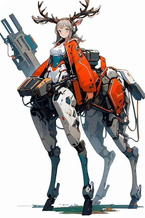 Gorgeous Girl in centaur armor, cleavage, shows skin, lower body is cybernetic, cybernetic legs, white hair, red armor, detailed face, eyes, nose, mouth, 4 legs, divine, mysterious