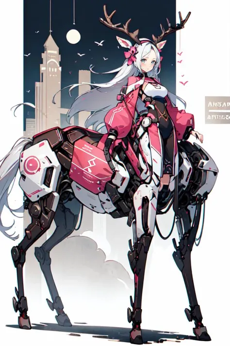 Gorgeous Girl in centaur armor, cleavage, shows skin, lower body is cybernetic, cybernetic legs, white hair, red armor, detailed face, eyes, nose, mouth, 4 legs, divine, mysterious