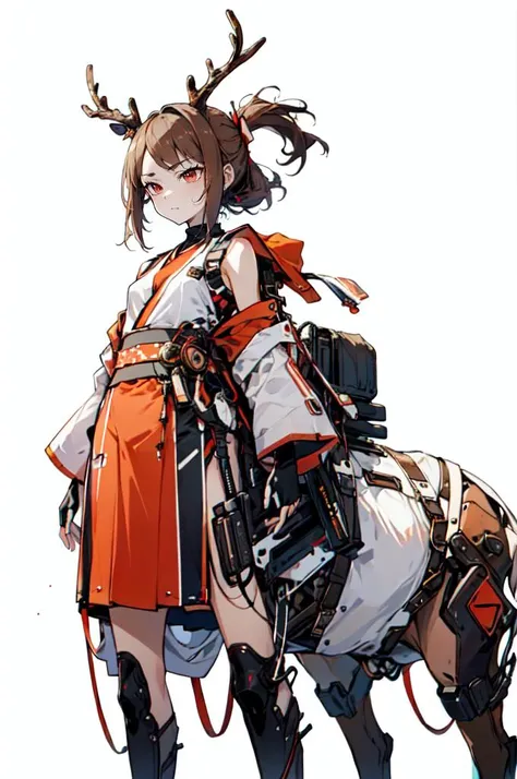<lora:v1.0deer ear_20230620123243-000012:0.75> deer ear, antler, Mechanic, Mechanic body, taur,, ultra detailed, masterpiece, best quality, aesthetic, detailed,, solo, frown,
1girl, red eyes, <lora:Tsurime3:1>, (tsurime:1.2), (brown hair:1.3), medium hair, (asymmetrical bangs, swept bangs, cowlick:1.35), flipped hair, <lora:foldedponytail:0.8> foldedponytail, folded ponytail, (small breasts:1.3),, fingerless gloves, shimenawa hair tie, sleeveless turtleneck, crop top, groin, (shimenawa:1.3), (shimenawa sash:1.3), (overskirt:1.2), shorts, flats, bandages, bandaged arm, bare legs, navel,