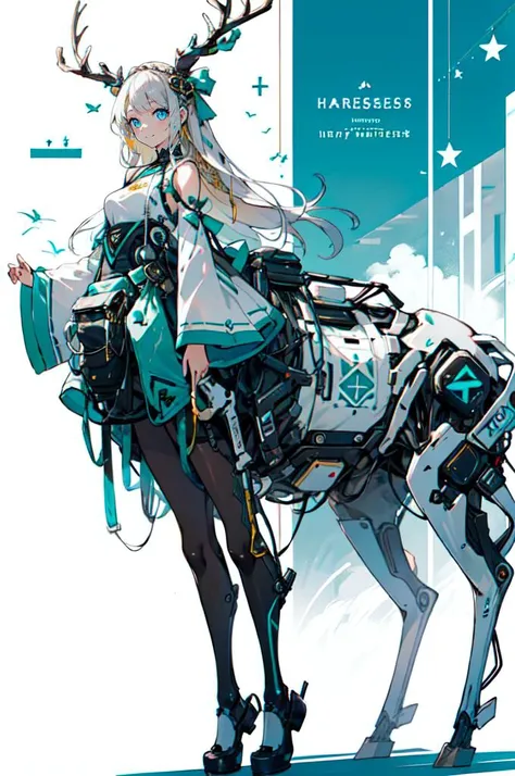 <lora:v1.0deer ear_20230620123243-000012:0.75> deer ear, antler, Mechanic, Mechanic body, taur, blue theme,, ultra detailed, masterpiece, best quality, aesthetic, detailed,, solo, soft smile, light smile,
1girl, blue eyes, very long hair, blonde hair, long blonde hair, french braid, bangs, medium breasts,, hair ribbon, frilled choker, criss-cross halter, sleeveless dress, high-waist skirt, backless dress, waist bow, detached sleeves, frilled sleeves, wide sleeves, pantyhose, patterned legwear, mary janes,