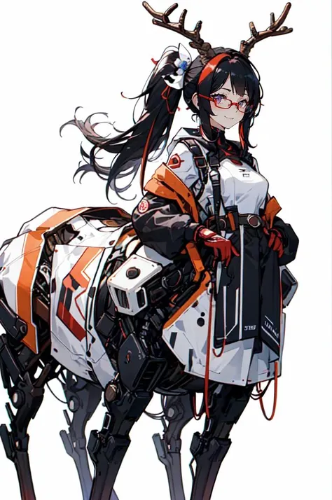 <lora:v1.0deer ear_20230620123243-000012:0.7> deer ear, antler, Mechanic, Mechanic body, taur,, ultra detailed, masterpiece, best quality, aesthetic, detailed,, solo, smug smile, 1girl, purple eyes, red-framed eyewear, (black hair, red colored tips:1.2), red streaked hair, very long hair,( side ponytail, tied hair:1.3), medium breasts,