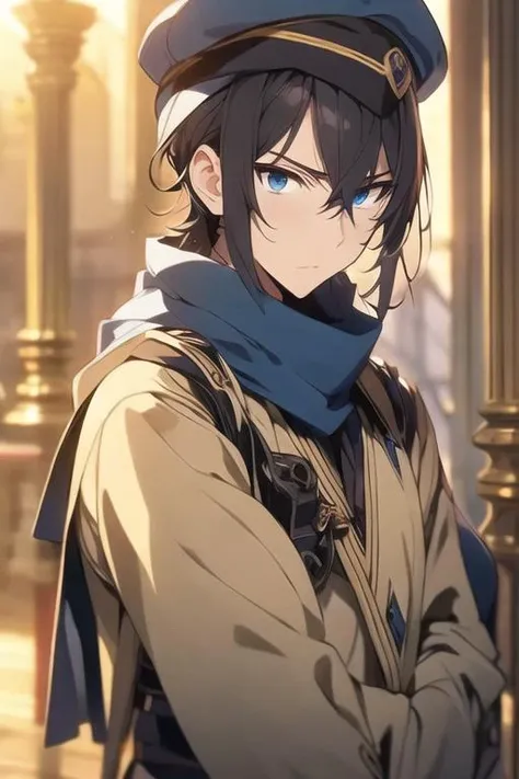 masterpiece, best quality, wallpaper, 1boy, solo, male focus, looking at viewer, upper body, , <lora:ren_amaki:0.70>, ren_amaki, black hair, blue eyes, , newsboy cap, , 12k resolution