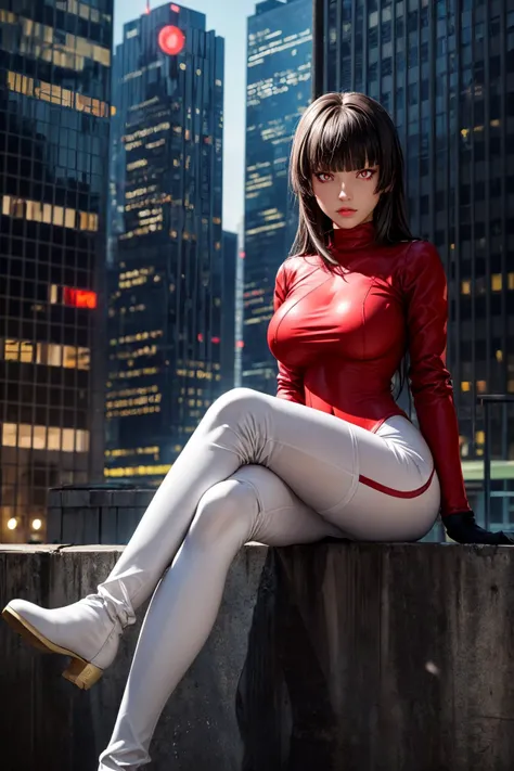 (ultra realistic,32k, masterpiece:1.2),(high detailed skin:1.1),( high quality:1.1),
<lora:pokemonsabrina-lora-nochekaiser:0.8>pokemonsabrina, black hair, long hair, bangs, (blunt bangs:1.5), (red eyes:1.5), hime cut, sidelocks, (bright pupils:1.5), (white pupils:1.5),jacket, crop top, (bodysuit:1.5), covered navel, midriff, red jacket, turtleneck, side slit, gloves, white gloves, long sleeves, pantyhose, skirt, red skirt, boots, red boots, socks, yellow socks, knee socks,,(looking at viewer, sitting, crossed legs:1.1),, huge breast,large breast,<lora:add_detail:0.93>,
(moody lighting:1.1), futuristic cityscape, towering skyscrapers, neon-lit streets, bustling hovercars, blurry background