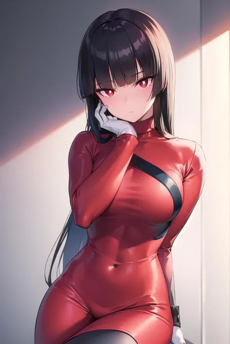 pokemonsabrina, <lora:pokemonsabrina-lora-nochekaiser:1>,
pokemonsabrina, black hair, long hair, bangs, (blunt bangs:1.5), (red eyes:1.5), hime cut, sidelocks, (bright pupils:1.5), (white pupils:1.5),
BREAK jacket, crop top, (bodysuit:1.5), covered navel, midriff, red jacket, turtleneck, side slit, gloves, white gloves, long sleeves, pantyhose, skirt, red skirt, boots, red boots, socks, yellow socks, knee socks,
BREAK indoors,
BREAK looking at viewer, (cowboy shot:1.5),
BREAK <lyco:GoodHands-beta2:1>, (masterpiece:1.2), best quality, high resolution, unity 8k wallpaper, (illustration:0.8), (beautiful detailed eyes:1.6), extremely detailed face, perfect lighting, extremely detailed CG, (perfect hands, perfect anatomy),