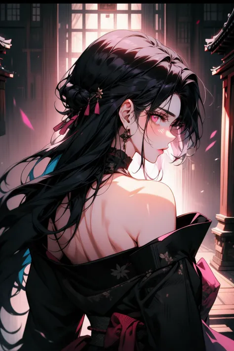 Goth girl 1girl, 1girl, solo, (adult:1.4), kimono, from behind, off shoulder, shoulder blades ,black hair,black hair,(multi colored hair),long hair,wild hair,japanese temple ,black clothing, pink eyes, <lora:Goth_girl-v2:0.8> <lora:OffShoulderKimono:0.8>