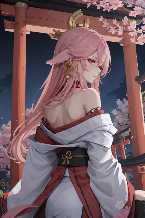 1girl, <lora:OffShoulderKimono:1>, kimono, from behind, off shoulder, shoulder blades, yae miko, pink eyes, long hair, pink hair, animal ears, <lora:Char_GenshinImpact_YaeMiko:0.75>, outdoors, night, cherry blossoms, torii,