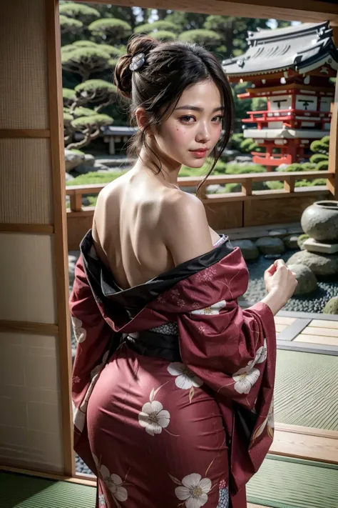 ((best quality, 8K, masterpiece)), (photorealistic), ultra detailed, sharp focus, 1 beautiful woman, ((beautiful kimono)), ((no panties:1.4)), huge ass, highly detailed face and skin texture, ((detailed eyes)), ((beautiful eyes:1.2)), (Japanese room), ((back view))