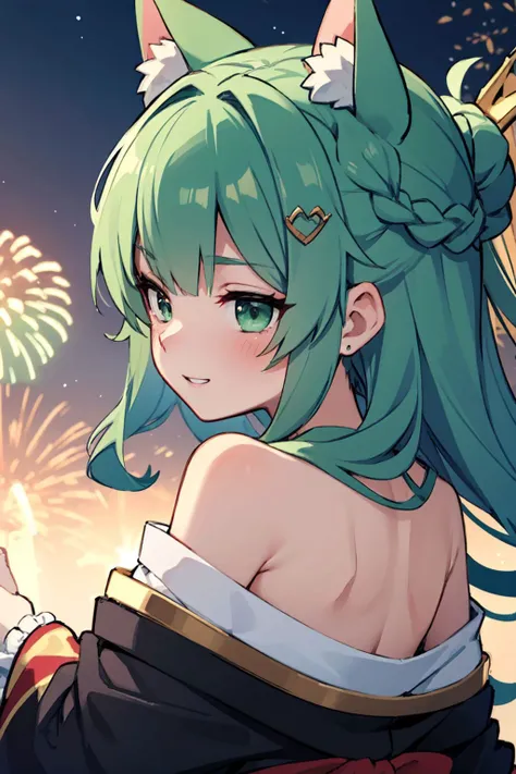 (Masterpiece:1.3), (best quality:1.2), medieval japan, 1girl, long green hair, crown braid, cat ears, green eyes, elaborate royal kimono, upper thigh, (sexy:1.6), intricate details, hair ornament, hairpin, blush, mischievous grin, (off shoulder:1.4), outdoors, night sky, fireworks, (extreme face close-up:1.5), (from behind:1.1), shoulder blades, <lora:OffShoulderKimono_FallenIncursio:0.8>