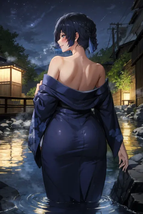 High Quality, Masterpiece, 1girl, isekgiyelan, <lora:isekgiyelan:0.85>, kimono, from behind, off shoulder, shoulder blades, <lora:Pos_OffShoulderKimono:1>, night, outdoors, onsen, steam, seductive smile, (dark environment), <lora:Style_DarkIncursioStyle:1>