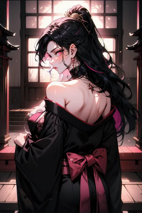 Goth girl 1girl, 1girl, solo, (adult:1.4), kimono, from behind, off shoulder, shoulder blades ,black hair,black hair,(multi colored hair),long hair,wild hair,japanese temple ,black clothing, pink eyes, <lora:Goth_girl-v2:0.8> <lora:OffShoulderKimono:0.8>