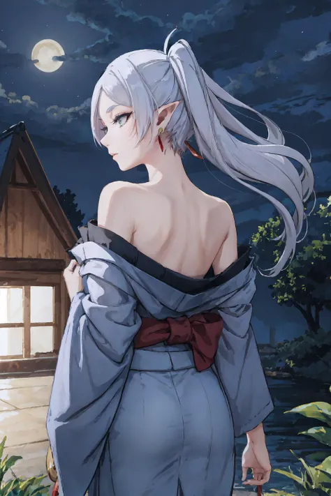 kimono, from behind, off shoulder, shoulder blades, <lora:OffShoulderKimono:1>, outdoors, night, Frieren, twintails, earrings, <lora:Char_FBJE_Frieren:1>