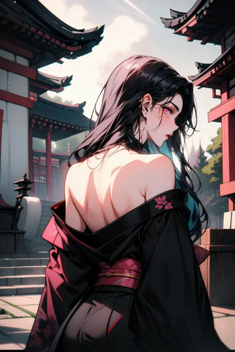 Goth girl 1girl, 1girl, solo, (adult:1.4), kimono, from behind, off shoulder, shoulder blades ,black hair,black hair,(multi colored hair),long hair,wild hair,japanese temple ,black clothing, pink eyes, <lora:Goth_girl-v2:0.8> <lora:OffShoulderKimono:0.8>