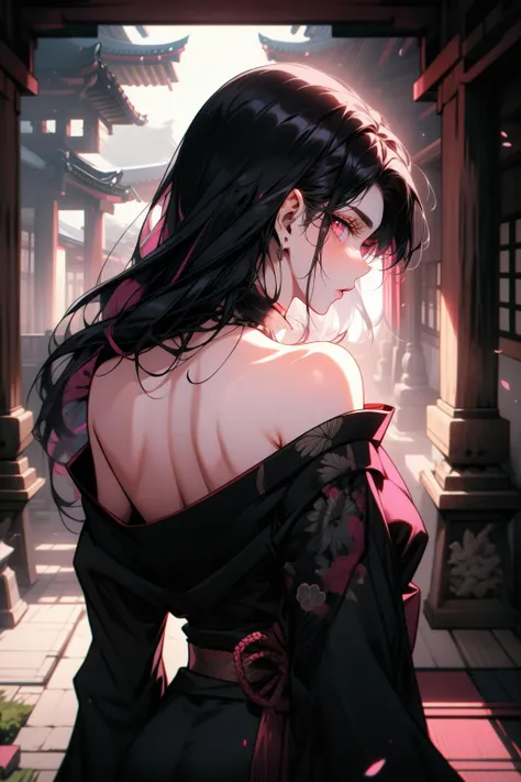Goth girl 1girl, 1girl, solo, (adult:1.4), kimono, from behind, off shoulder, shoulder blades ,black hair,black hair,(multi colored hair),long hair,wild hair,japanese temple ,black clothing, pink eyes, <lora:Goth_girl-v2:0.8> <lora:OffShoulderKimono:0.8>