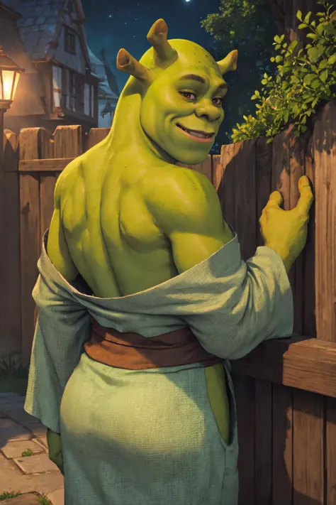kimono, from behind, off shoulder, shoulder blades, <lora:OffShoulderKimono:1>, outdoors, night, shrex, green skin, ogre, shrek, <lora:Char_Sigmas_Shrek:0.9>, 1boy, smile, looking at viewer,