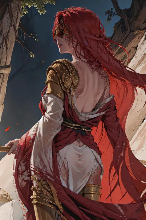 kimono, from behind, off shoulder, shoulder blades, <lora:OffShoulderKimono:1>, outdoors, night, prothestic leg, single mechanical arm, prosthesis, MaleniaRot, scar, covered eyes, <lora:Looks_RottenFace:1>, <lora:Char_EldenRing_Malenia:1>