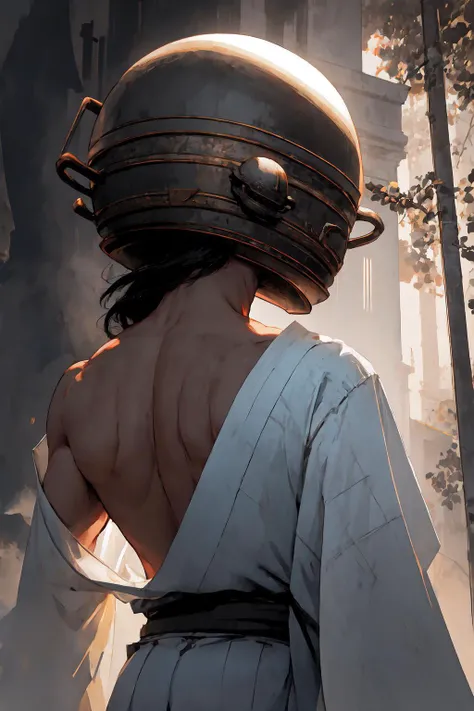 kimono, from behind, off shoulder, shoulder blades, <lora:OffShoulderKimono:1>, outdoors, night, LetMeSoloHer, pot helmet, <lora:Char_EldenRing_LetMeSoloHer:1>, 1boy,