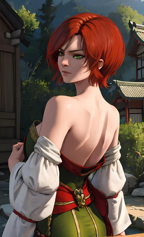 <lora:shaniW3:0.65> (shaniw3), 1girl, red hair, short hair, green eyes, <lora:OffShoulderKimono:0.8> japanese clothes, from behind, bare shoulders, off shoulder, hyperrealistic photo by Seebas Apterus and Larry Bell art, blending, smooth, detailed expressions, artstyle, detailed eyes, HDR, UHD, 64k, RTX, sharp, sharp focus, highly detailed, intricate detail, professional, artistic flow, ultra detailed, high resolution photography, (bright colors)