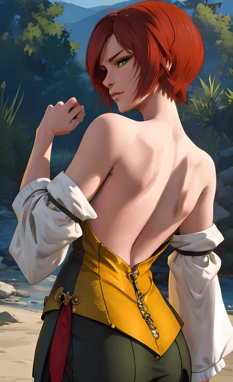 <lora:shaniW3:0.65> (shaniw3), 1girl, red hair, short hair, green eyes, <lora:OffShoulderKimono:0.8> japanese clothes, from behind, bare shoulders, off shoulder, hyperrealistic photo by Seebas Apterus and Larry Bell art, blending, smooth, detailed expressions, artstyle, detailed eyes, HDR, UHD, 64k, RTX, sharp, sharp focus, highly detailed, intricate detail, professional, artistic flow, ultra detailed, high resolution photography, (bright colors)