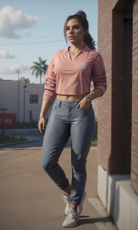 luciagta62024, pink shirt, light blue pants, ponytail, 8k, uhd, best quality, trending on arstation, photorealistic, masterpiece, raw image, skin pores, detailed skin, 5 fingers, mole, thick Latina, full body, white sneakers, dark brown hair,, dramatic lighting