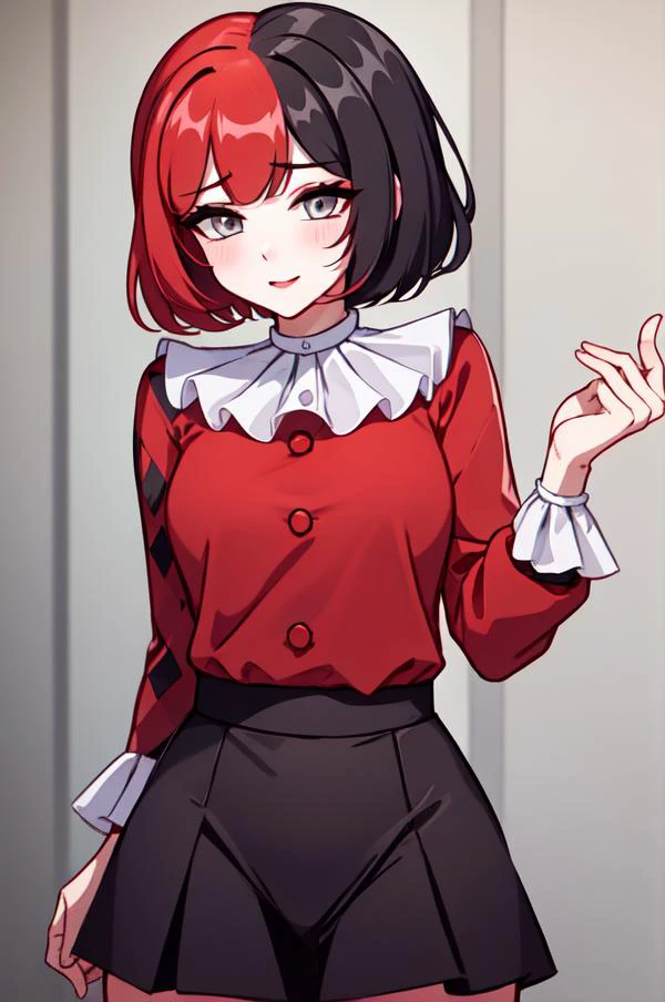 <lora:Muff:0.7>, muff, red hair, black hair, multicolored hair, short hair,