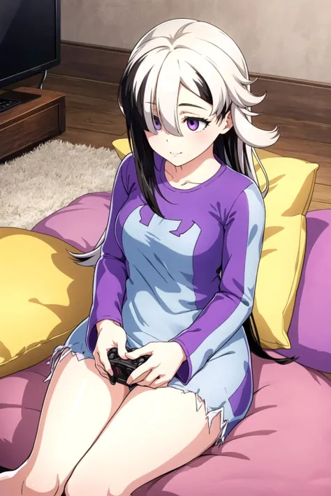 MGCM dia, long hair, multicolored hair, black hair, white hair, hair over one eye, purple eyes, MGCM costume, shirt, long sleeves, sleeves past wrists, torn clothes, slippers, <lora:MGCM_dia_ep15:0.7>, BREAK medium breasts, anmnr, <lora:anmnr01:0.17>, beautiful, masterpiece, 8K resolution, extremely detailed face, little girl, 1girl, Beautiful woman, 20 years old, eye highlights, from above, looking away, smile, BREAK (lie down on a cushion:1.2), (playing a game:1.2), BREAK anime background, Indoors, your room, carpet, Cushions, game software, game consoles, tables,<lora:flat2-dim1:-0.5>
