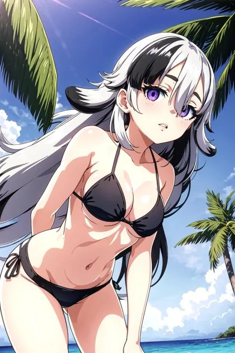 MGCM dia, long hair, multicolored hair, black hair, white hair, hair over one eye, purple eyes, <lora:MGCM_dia_ep15:0.7>, BREAK medium breasts, anmnr, <lora:anmnr01:0.17>, (wearing bikini bottom), (black bikini: 1.2), beautiful, masterpiece, 8K resolution, extremely detailed face, 1girl, Beautiful woman, 20 years old, eye highlights, cowboy shot, (from below), looking at viewer, neutral expression, parted lips, BREAK (leaning forward:1.3), (lower both arms:1.3), BREAK anime background, sandy beach, blue sea, clear sea, coral reef, gentle sunlight, warm sunlight, tropical country, distant island, palm tree, <lora:flat2-dim1:-0.5>