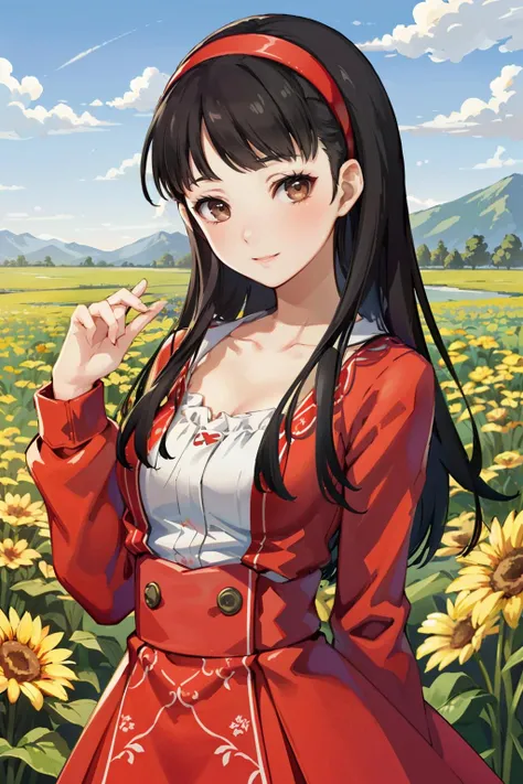 ((masterpiece, best quality))
<lora:Persona4YukikoAmagi:0.8>
Persona4YukikoAmagi, 1girl, solo, long hair, black hair, brown eyes, headband, In a field of wildflowers, wearing a flowing dress, smiling
