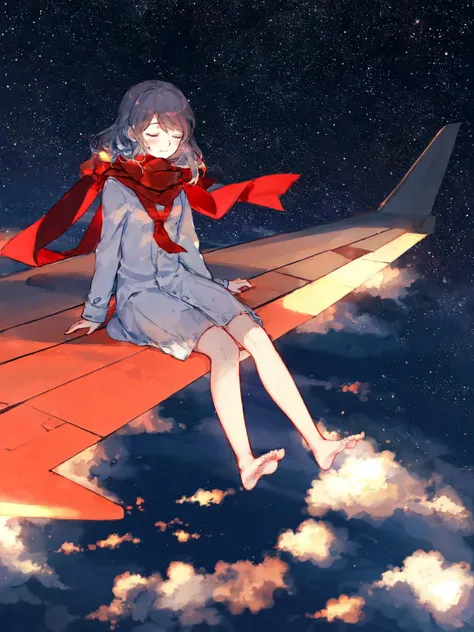 AirPlaneWingPose, 1girl, solo, long hair, sitting, closed eyes, sky, barefoot, cloud, scarf, star (sky), starry sky, red scarf","AirPlaneWingPose, 1girl, solo, airplane wing, long hair, sitting, closed eyes, sky, barefoot, cloud, scarf, star (sky), starry sky, red scarf <lora:AirPlaneWingPose:0.7>