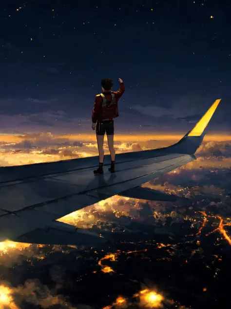 AirPlaneWingPose, 1boy, solo, airplane wing, standing, red jacket, black shorts, shorts, night, screen space refractions, <lora:AirPlaneWingPose:0.7>