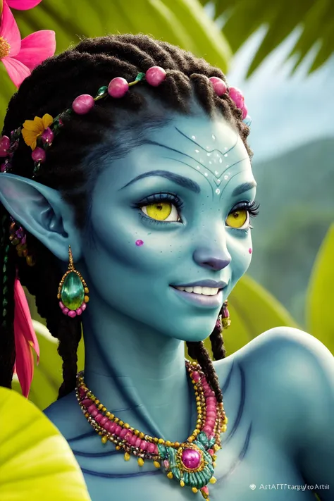 SFW, photo of playful AIDA_Neytiri, close up portrait of (happy:1.3) AIDA_Neytiri, pretty face, (blue skin:1.3), (yellow eyes:1.3), (big eyes with elegant eyelashes:1.1), (green light:1.1), kkw-ph1, colorful, (romantic garden setting:1.3), (tropical garden:1.1), (trending on artstation:1.3), (mountains:1.3), [[waterfall]], (fantasy garden:1.1), detailed background