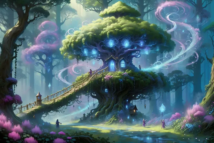 clearing in the forest, elven tree houses, floating_translucent_arcane_swirls, people doing chores, mist, blue_magic_glow, bush, flowers, ivy, vines, <lora:add-detail-xl:1> misc, <lora:DonMW15pXL:0.6> DonMW15pXL <lora:Retro_Illustration:1> 2d game scene, oil and watercolor painting, (masterpiece:1.2), best quality, (hyperdetailed, highest detailed:1.2), high resolution textures, <lora:EnvyBetterHiresFixXL01:1>
