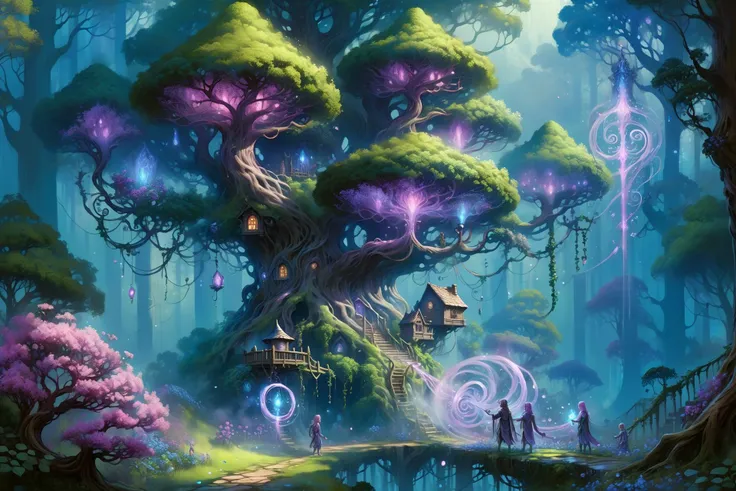 clearing in the forest, elven tree houses, floating_translucent_arcane_swirls, people doing chores, mist, blue_magic_glow, bush, flowers, ivy, vines,  <lora:add-detail-xl:1> misc, <lora:DonMW15pXL:0.6> DonMW15pXL <lora:Retro_Illustration:1> 2d game scene, oil and watercolor painting, (masterpiece:1.2), best quality, (hyperdetailed, highest detailed:1.2), high resolution textures, <lora:EnvyBetterHiresFixXL01:1>